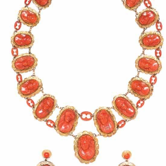 22A 24 22A 22A 22A* a Victorian Yellow Gold and coral cameo demi Parure, consisting of a necklace containing 18 carved coral cameos depicting Classical female profiles, the cameos measuring from