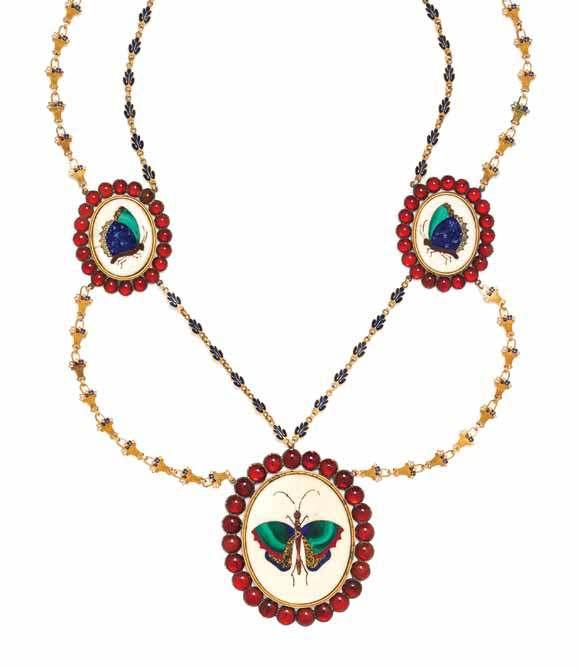 30 31 29 29A 29 a Yellow Gold, Polychrome Enamel and Multigem Butterfly Motif Pietra Dura Swag necklace, consisting of a five oval pendant stations containing a near white chalcedony base inlaid with