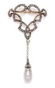 41 40 41A 40 an Edwardian Silver topped Gold, natural Pearl and diamond Pendant/Brooch, consisting of an intricate openwork knot motif setting containing numerous rose cut diamonds suspending a