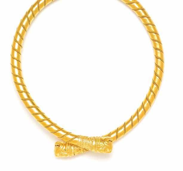 123 120 122 121 120 an 18 Karat Yellow Gold chimera Bypass collar necklace, lalaounis, the terminals in a chimera motif, the collar accented with applied granulation and twisted wirework detail,