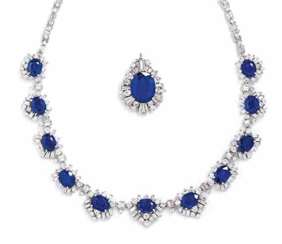 137 139 138 137 an 18 Karat White Gold, Sapphire and diamond necklace with detachable Pendant, consisting of a detachable pendant containing one oval mixed cut sapphire weighing approximately 13.