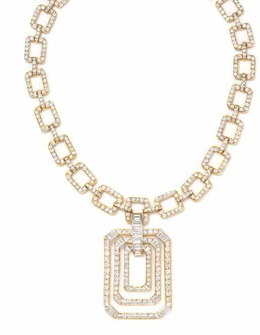 157 156 158 156 an 18 Karat Yellow Gold and diamond necklace with detachable Pendant, consisting of a squared open link choker necklace and a detachable octagonal nesting three row pendant, the