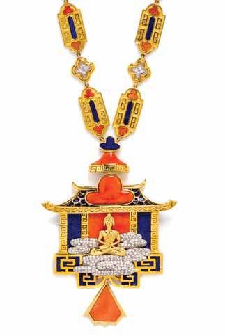 56 carats total within a pagoda, the pendant set with numerous lapis lazuli and coral plaques and suspending a coral pendant, the pendant suspended from alternating bicolor gold quatrefoil links
