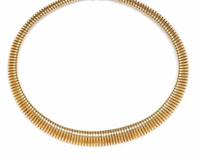 224 222 223 222 a Yellow Gold tapered tubogas necklace, measuring approximately 7.50-13.25 mm wide. Stamp: 585 ITALY. 42.00 dwts.