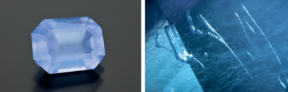 Figure 23. Significant amounts of neodymium and strontium were detected in this unusual 3.03 ct color-change synthetic apatite.