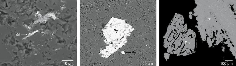 Figure 5. As revealed in BSE images (and identified by energy-dispersive spectroscopy), Namibian pietersite included barite (Brt; left), pyrite (Py; center), and dolomite (Dol; right).