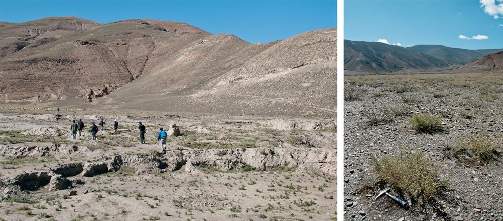 Figure 4. Shallow pits dug in silty soil appear to be the source of andesine at the Zha Lin deposit (left).