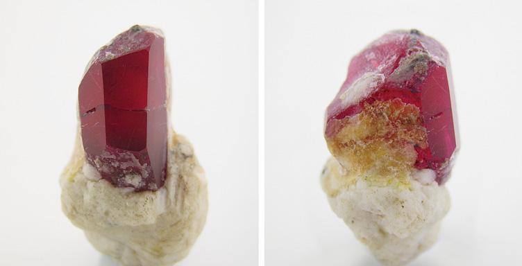 Figure 45. This synthetic ruby crystal (2.7 cm tall) was fashioned to imitate natural ruby in matrix. Photos by N. Ahmed, Dubai Gemstone Laboratory.