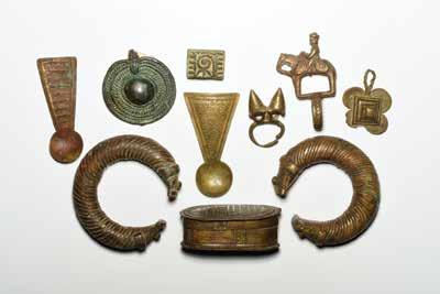 605. African Metal Objects (10) Ivory Coast. 3 W. (spoons, box, bracelets)2 H.
