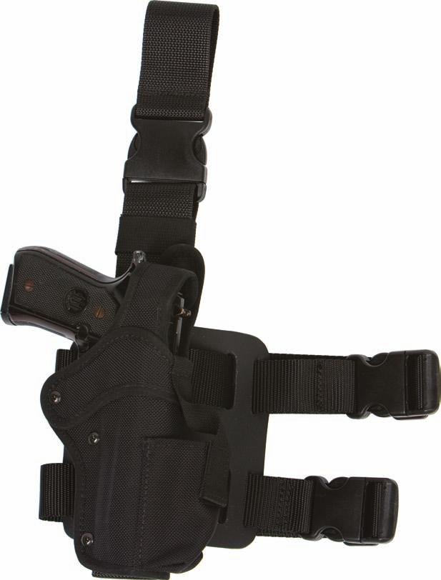 The thigh strap adjust vertically for a good fit and fits a 2 1/2" belt with a velcro closure. The Magazine pouch at front has a velcro closure strap.