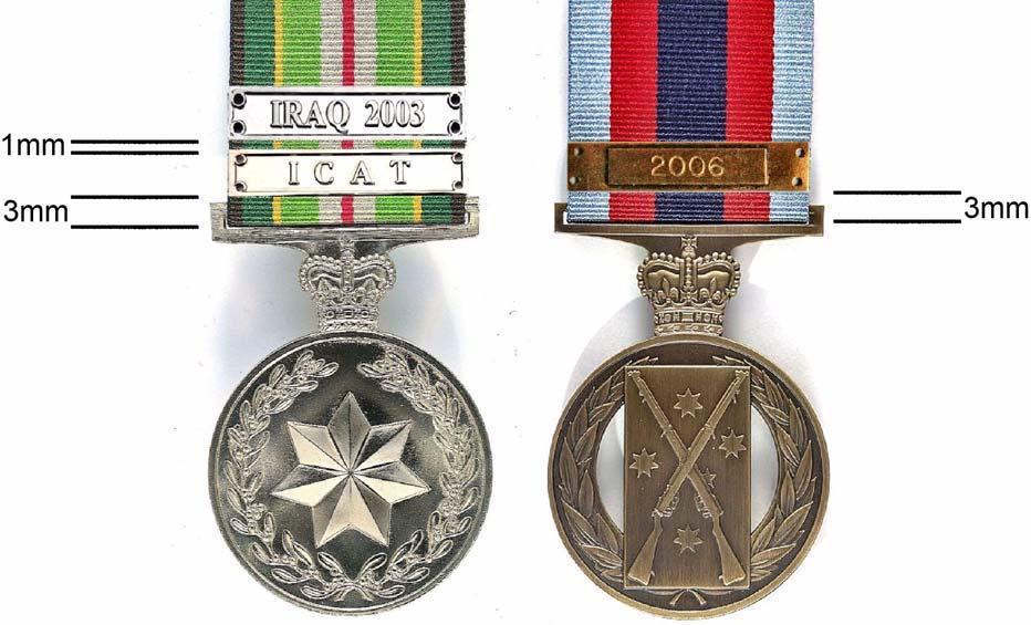 6E 7 24. Miniature clasps are placed on miniature medals in the same sequence with the first clasp 1.5 mm above the bottom of the riband and 0.5 mm between clasps. 25.