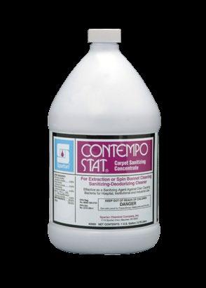 Carpet Care Products Contempo Stat Low foaming, carpet sanitizer/deodorizer/cleaner for use with extraction and rotary spin pad cleaning equipment.