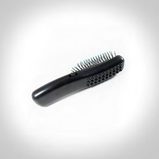 VIBRATING BRUSH Powerful Massager Hair Detangler, Back, Neck & Scalp FEATURES Powerful Vibrating Massager Curved Handle for easy gripping Gentle Bristles for