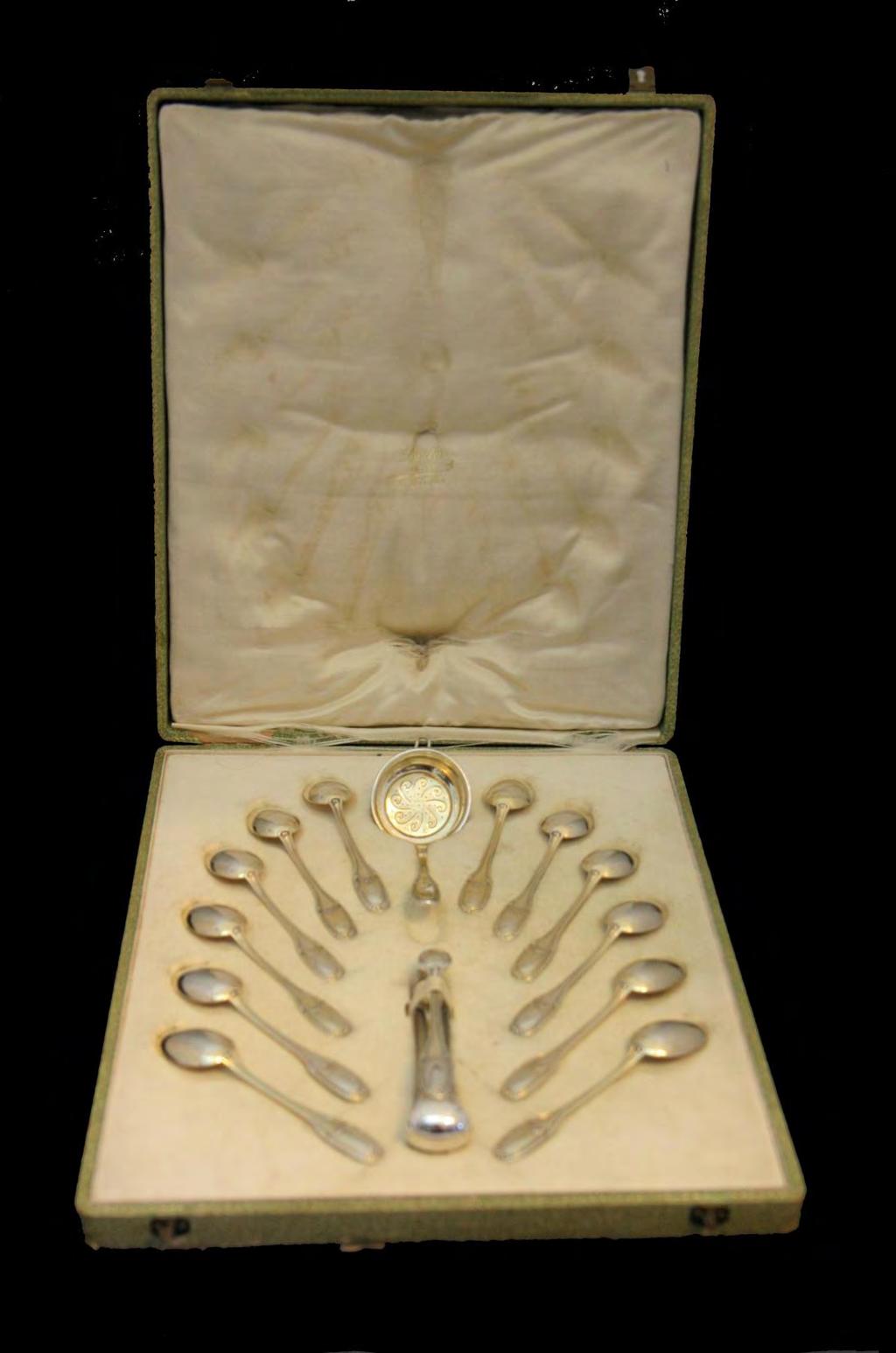 A Stunning 19th Century Louis XVI Tea Serving Set with 12 Sterling Silver Teaspoons (Gold Plated Bowls) a Pair of Gorgeous Sugar Tongs and a