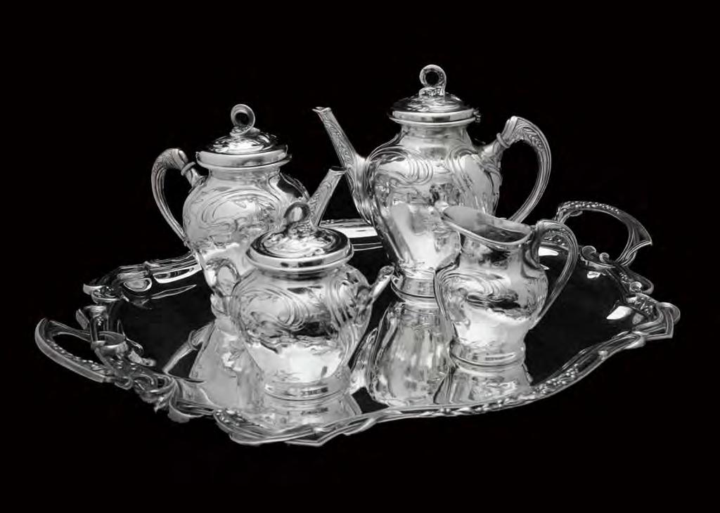 A Stunning, Extremely Rare, Original Art Nouveau, Silver Plated Brass Tea and Coffee Set with Serving
