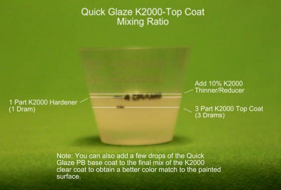 Mix thoroughly. C) Add some of the K2000 thinner/reducer in an amount equal to about 10% of the top coat mixture volume. Mix again. D) Test spray.