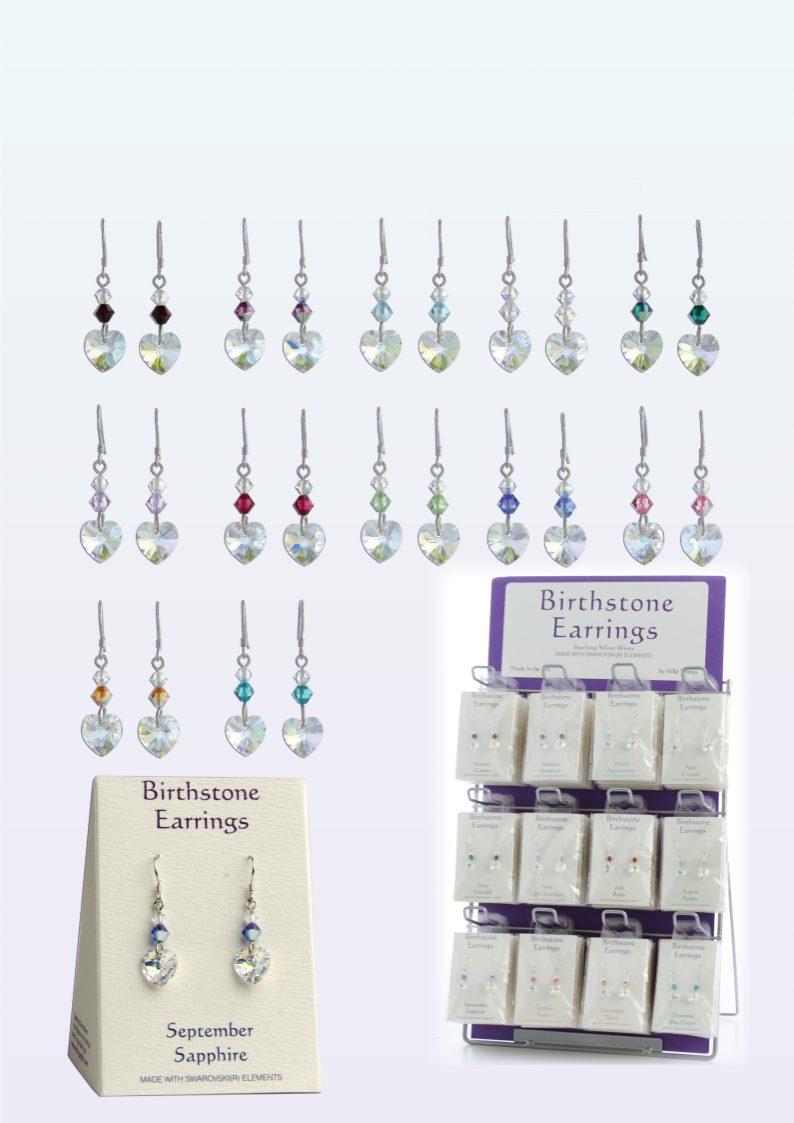 Birthstone Earrings birthstone earrings Code 1070. Made with Swarovski Elements 10mm Aurora Borealis hearts, accented with different coloured beads. Sterling Silver wires.