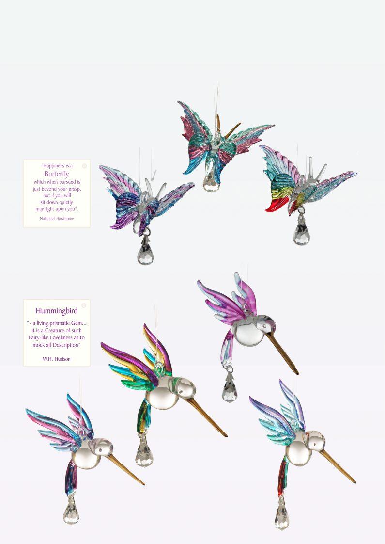 Fantasy Glass Code 5050. Hand Blown, Hand Painted, with Austrian Crystal Hummingbirds, Dragonflies, Butterflies. Supplied individually boxed. Rich, vibrant colours and collectable.
