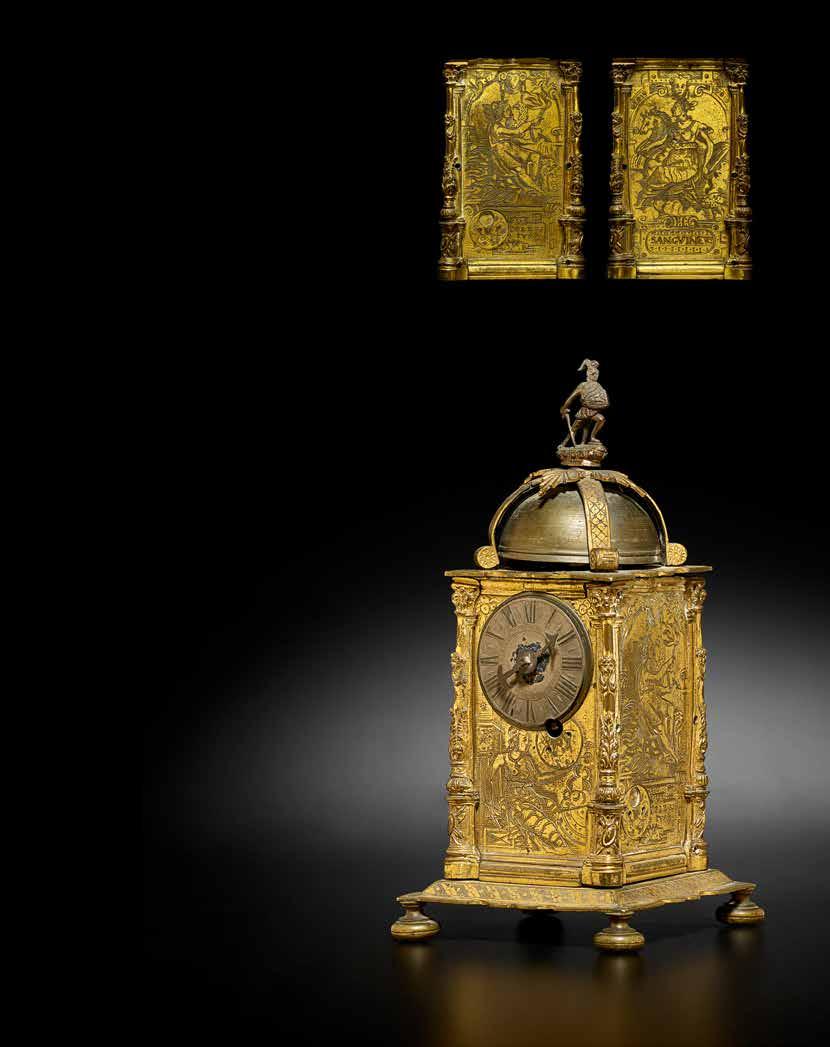 18 A GERMAN GILT BRASS TÜRMCHEN-UHR WITH ENGRAVED PANELS AFTER VIRGIL SOLIS THE FOUR TEMPERAMENTS Date: mid-16th century, possibly Nuremberg Movement: Iron posted frame with iron wheelwork, going