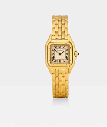 8669112906 Strap/Bracelet: Cartier 18K yellow gold bracelet Buckle/Clasp: butterfly clasp Signed: dial, caseback, movement, and clasp Size: 22mm x 22mm $3,000-5,000 46 47 CARTIER.