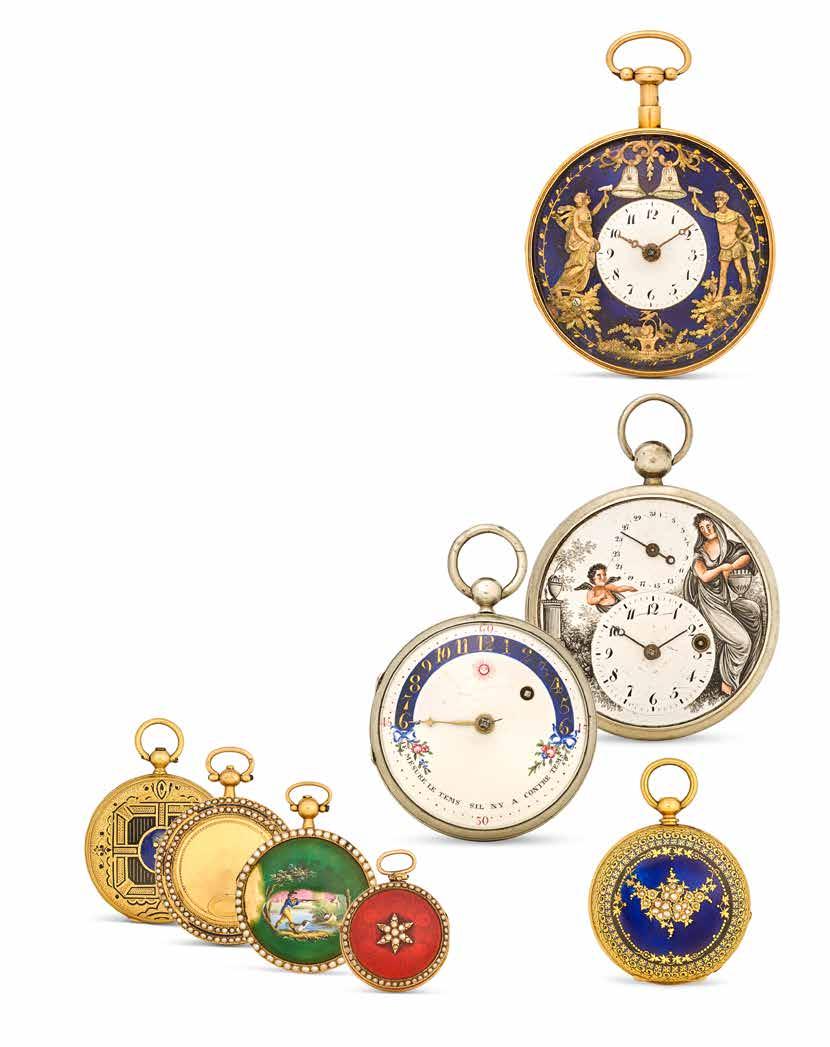 72 AN 18K ENAMELED GOLD CYLINDER FOB WATCH, ANOTHER GILT METAL AND AN 18K ENAMELED GOLD DIAMOND SET LADY S WATCH CASE The first keyless open face with portrait bust of Minerva, the second keyless