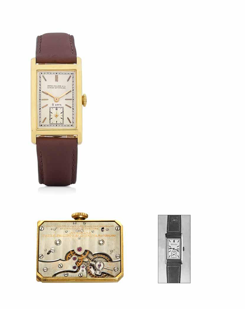 131 PATEK PHILIPPE. AN EXTREMELY RARE 18K GOLD EIGHT-DAY MANUAL WIND RECTANGULAR WRISTWATCH AND A 14K GOLD BRACELET Date: sold June 21st, 1932 Movement: 23-jewel Cal.