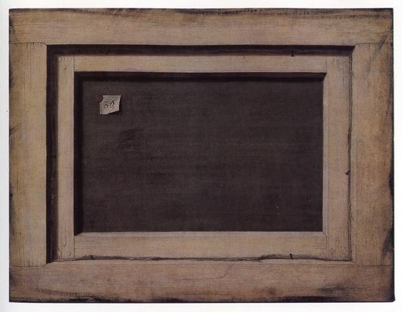 ) a volume replica of Cornelis Norbertus Gysbrecht s Back of a painting ; wood, linen canvas, nails, paint, wax,