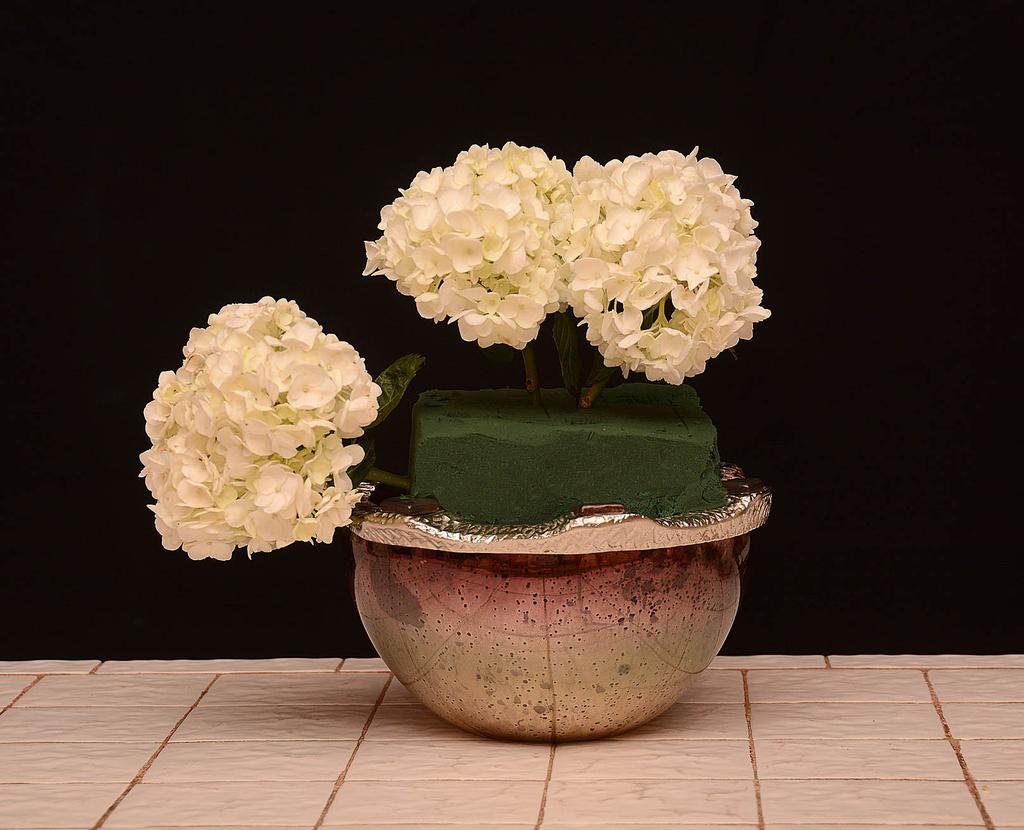 Next take hydrangea and place into the side of the foam with the head of the flower parallel to the table.