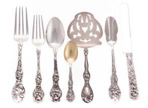453 Set of 12 Stieff Rose sterling teaspoons medium trade weight, 985 ozt Est $200-400 454 Nine Stieff Rose sterling serving pieces comprising: pair of serving spoons, pair of meat serving forks,