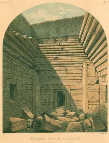51. Early view of the interior of Maeshowe showing the Norse runes (Farrer 1862, Pl II) Crown Copyright: RCAHMS. a chapel at this location.