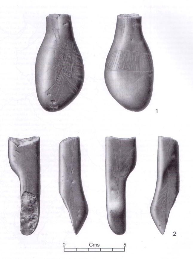 Figure 3 (left): Incised decorated pebbles from Rhuddlan, Wales (reproduced from David and Walker 2004, Figure 17.10).