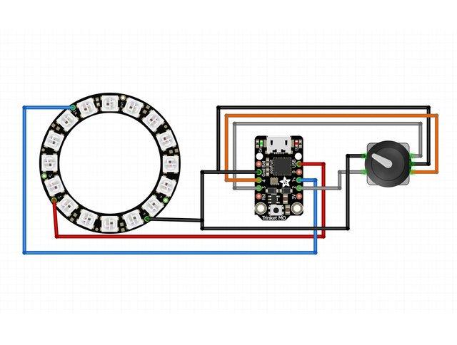 This illustration is meant for referencing wired connections - The length of wire, position and size of components are not exact. The NeoPixel Ring will connect to Trinket M0.