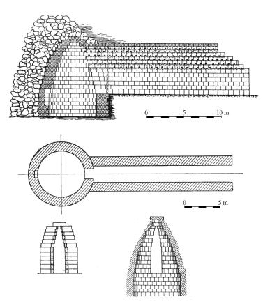 Graves beneath barrows... 139 Fig. 4. Pantikapaion. Sections and plan of stone chamber tomb under Golden Kurgan. Reproduced from Gaidukevich 1981, Ris.