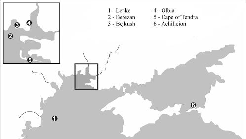 The cult of the heroes reflected... 243 Fig. 5. Settlements from North Black Sea Shore connected with the cult of Achilles. Drawing M.