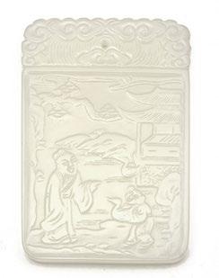 1030 JADE Rectangular-shaped jade plaque carved in very-low relief with two figures in a