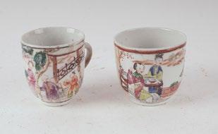 H: 46cm - 18 1036 CHINA Pair of Famille Rose enamelled porcelain cups decorated with animated scenes.