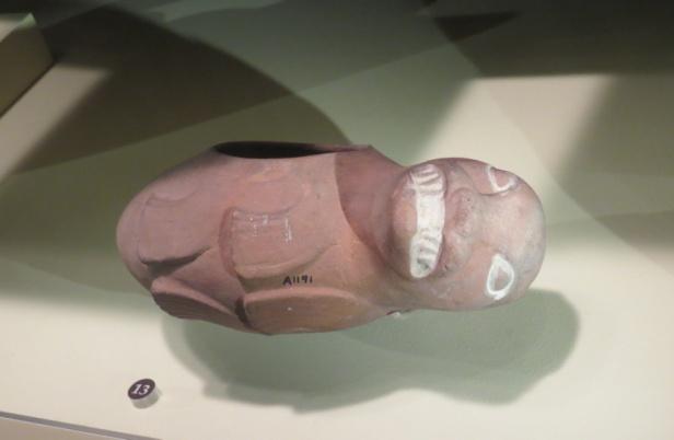 Safford Exhibit Label: Ceramic vessel of tattooed priest; Moche (AD 100-800); Ancash Region, Peru; 45.