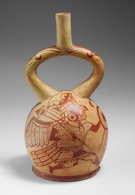 363 Accession: 67.167.1 Object Name = Bird Warrior Bottle Culture/Time Period = Moche/4 th 7 th century Measurements = Height: 11 ¼ (28.6 cm), Dia.: 6 (15.