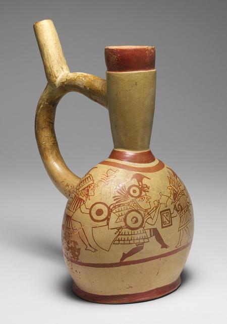 364 Accession: 67.167.4 Object Name = Stirrup Spout Bottle with Warriors Culture/Time Period = Moche/4 th 7 th century Measurements = Height: 11 ¼ (28.6 cm), Width: 6 ¾ (17.