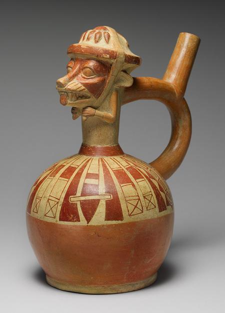 367 Accession: 1983.546.4 Object Name = Fox Warrior Bottle Culture/Time Period = Moche/4 th 6 th century Measurements = Height: 10 ½ (26.