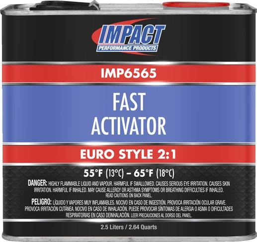 CLEARS AND PRIMERS IMP6565, IMP6575, IMP6585 IMP6565 Fast Activator Euro Style 2:1 Exceptional gloss and DOI. Chemical resistant. Excellent UV protection. Easy to buff. 4.2 VOC. 4 Activator speeds.