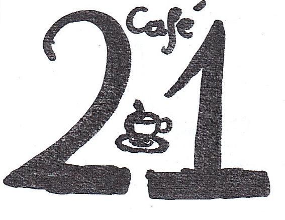 P : It is clear to see, and the font of the name Cafe 21 is attractive along with half a coffee cup. M : It may seem too difficult and busy with the classy font Cafe 21.