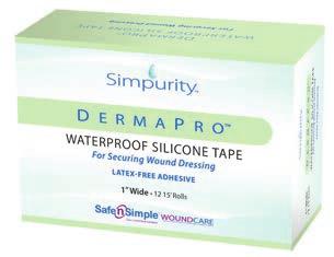 Plastic Tape, 1 Roll SNS57220 2 x15 A4452 DermaPro Waterproof Silicone Tape Simpurity DermaPro Waterproof Silicone Tape is latex free and has a silicone adhesive that is gentle to remove