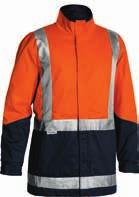 WORKWEAR Bisley 5 in 1 Rain Jacket (BK6975) 100% PU Coated Polyester 300D (Non Breathable), 100% Polyester Fleece Lining/100% Polyester Mesh Liner. Reflective Taped H pattern around body.