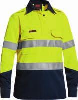 Style: BL8082T / Colours:, / Sizes: 8-24 BISLEY WORKWEAR Bisley Flame Resistant Tecasafe Taped 2 Tone Closed Front Hi-Vis Shirt (BSC8075T) TenCate Tecasafe Plus 580 FR Modacrylic Lyocell Aramid