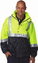 coating on fabric. All seams sealed, 3M 8910 reflective tape. Features include ½ cotton, ½ taffeta lining and concealed hood, UPF50+. Compliance:1906.4:2010 & 4602.