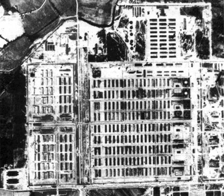 [Image] Enlargement of a portion of an Allied aerial reconnaissance photograph of the Auschwitz-Birkenau camp, taken on May 31, 1944.
