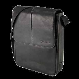 Front pocket with leather flap and twisted closure. Detachable, adjustable shoulder strap and leather-wrapped carry handles.