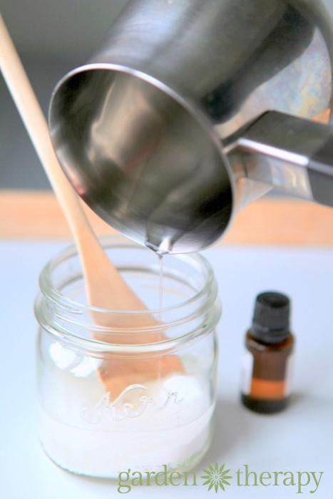 Ingredients: Makes 1 cup 2/3 cup white sugar 1/2 cup coconut oil 8-10 drops peppermint essential oil 1/2 tsp dried herbs such as mint, lavender, chamomile Make it!