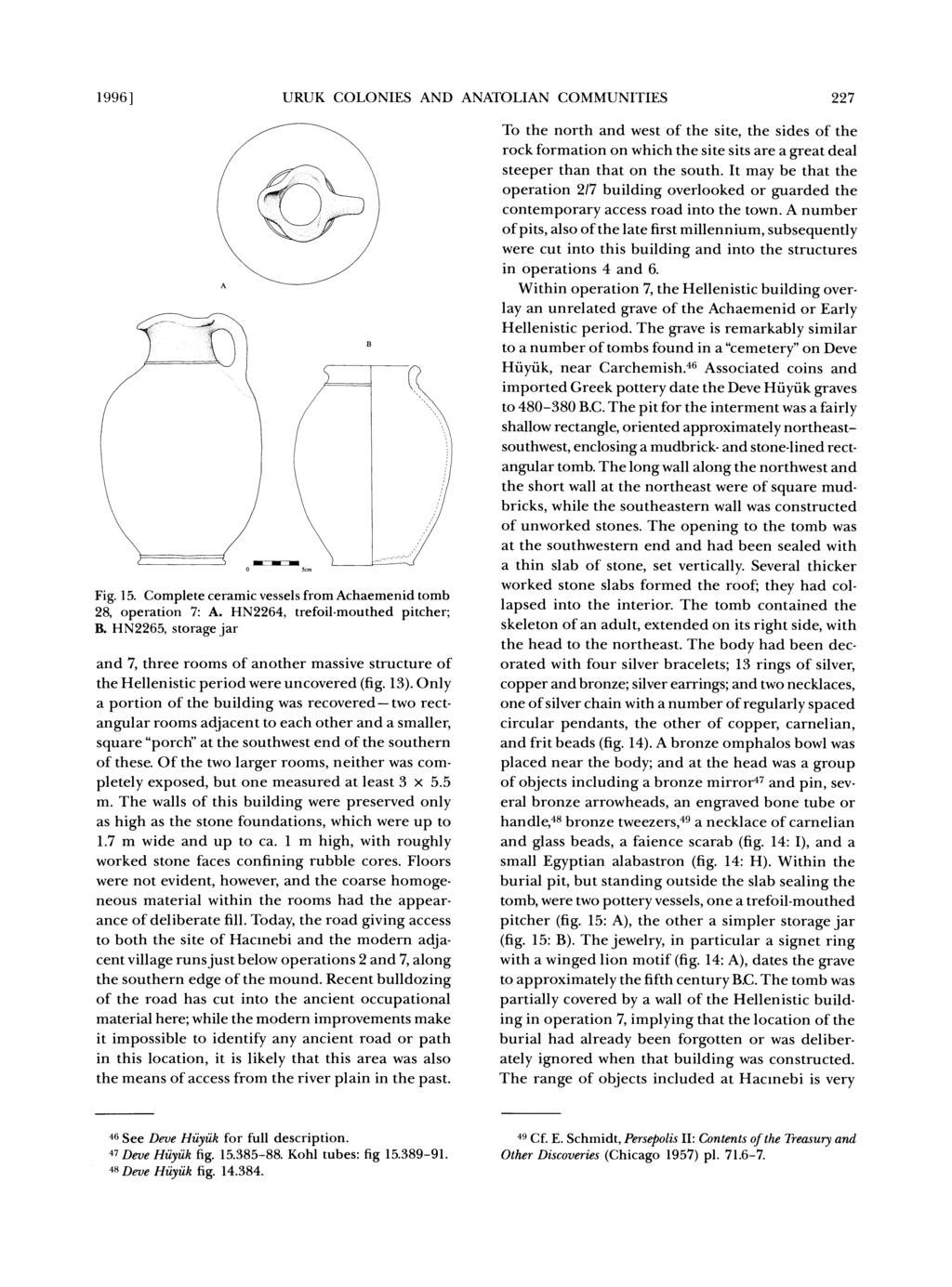 1996] URUK COLONIES AND ANATOLIAN COMMUNITIES 227 0 5cm Fig. 15. Complete ceramic vessels from Achaemenid tomb 28, operation 7: A. HN2264, trefoil-mouthed pitcher; B.